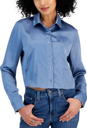 Juniors' Satin Cropped Button-Up Shirt