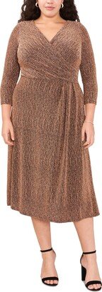 Plus Size 3/4-Sleeve Faux-Wrap Midi Dress - Black/gold