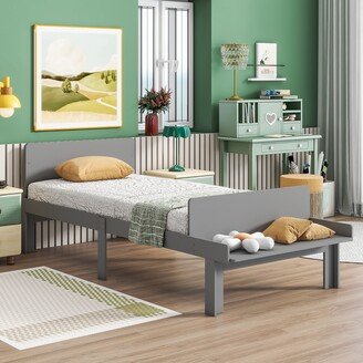 Joliwing Twin Size Kid Bed,Wood Platform Bed with Footboard Bench,Grey