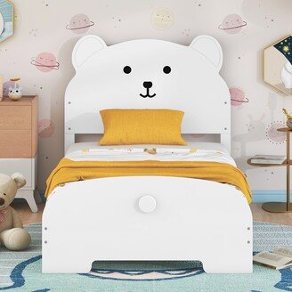 Aoolive Twin Size Wood Platform Bed with Cute Bear Pattern Headboard and Footboard, Twin Bed Frame Kids' Bed