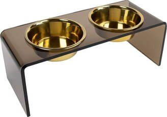 Hiddin Medium Smoke Bronze Double Bowl Pet Feeder With Gold Bowls