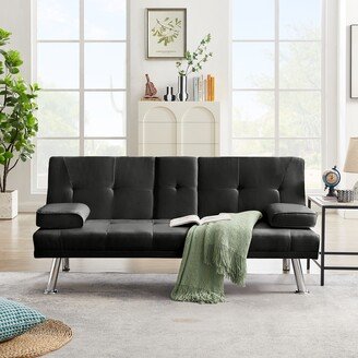 RASOO 66.53 Modern Linen Upholstered Futon Sofa Bed with Adjustable Back, Cupholders, and Removable Armrests