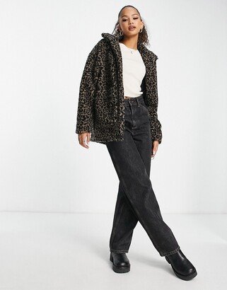 relaxed zip up teddy jacket in leopard