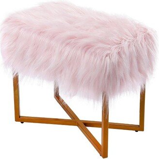 Rectangular Pink Faux Fur Foot Stool Ottoman with Gold Legs