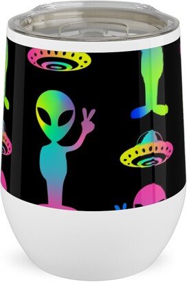 Travel Mugs: 90'S Rainbow Aliens And Ufos - Multi On Black Stainless Steel Travel Tumbler, 12Oz, Black