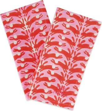 Kate Austin Designs Set Of Eight Organic Cotton Cloth Napkins In Pink And Orange Bunny Block Print