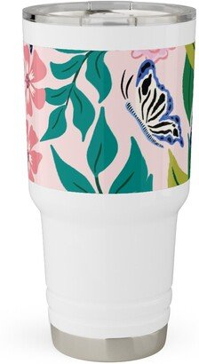 Travel Mugs: Budgies And Butterflies - Pink And Green Travel Tumbler, 30Oz, Pink