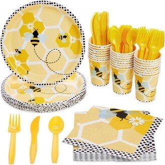 Blue Panda 144 Piece Disposable Dinnerware Set with Plates, Napkins, Cups, Cutlery for Bee Themed Party Supplies (Serves 24)