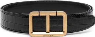 T logo-engraved buckle leather belt