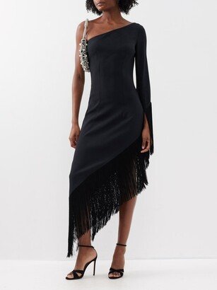 Aventador Asymmetric Fringed Crepe Midi Dress