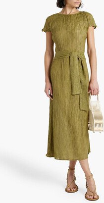 SAVANNAH MORROW Belted plissé bamaboo and silk-blend midi dress