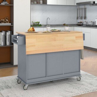 EDWINRAY 52.7 Rolling Mobile Kitchen Island Kitchen Cart with Locking Wheels & Solid Wood Top Drop Leaf Dining Cart,Grey