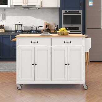 HwoamneT 2-Drawer Rolling Kitchen Island Cart with Solid Wood Top & Door Cabinets