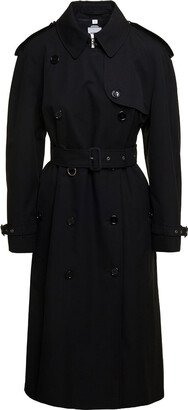 Black Double-breasted Trench Coat With Belt In Cotton Woman