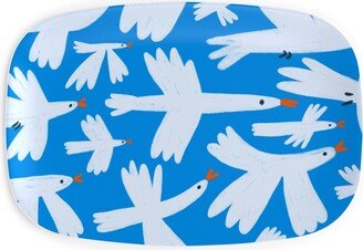 Serving Platters: White Birds On Blue Serving Platter, Blue