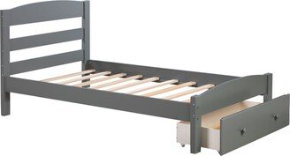 IGEMAN Easy Assemble Twin Wood Platform Bed Frame with Curved Headboard and Casters Drawer for Small Aprtment Dorm Bedroom-AB