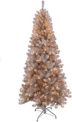 Puleo International 6.5 ft. Rose Gold Tinsel Artificial Christmas Tree with 300 Ul- Listed Lights