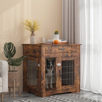 Furniture Style Dog Crate End Table with Drawer, Indoor Pet Kennels with Double Doors, Rustic Brown