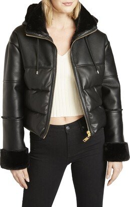 Womens Vegan Leather Faux Fur Quilted Coat