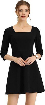 Allegra K Women' Square Neck Solid 3/4 Sleeve Aline Dree Black Small