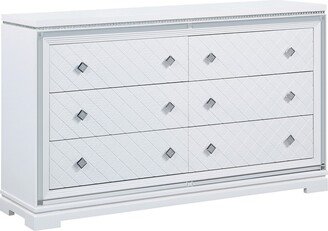 Axl 63 Inch 6 Drawer Wide Dresser, Mirror Trim, Crystal Accent, White Wood