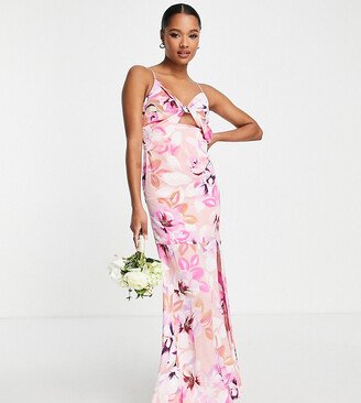 Liquorish Petite satin twist front maxi dress with split in pastel floral