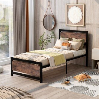 Calnod Metal and Wood Twin Size Platform Bed Frame with Headboard and Footboard - Optional Storage, No Box Spring Needed