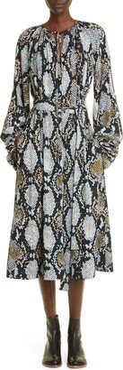 Snakeskin Print Long Sleeve Midi Dress