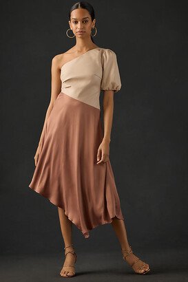 By Anthropologie Faux Leather One-Shoulder Asymmetrical Midi Dress