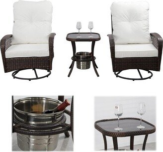 NUSADUWA 3 Pieces Patio Swivel Chairs, 360 Degrees Swivel Outdoor Wicker Bistro Set with Soft Cushion, Glass Table with Ice Bucket