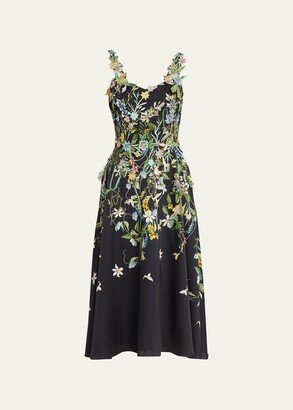 Sleeveless Floral-Print Applique Midi Dress