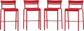 Emma and Oliver Set of 4 Armless Powder Coated Steel Bar Height Stools with 2 Slat Backs for Indoor-Outdoor Use in Red