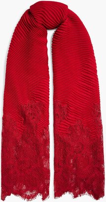 Crocheted lace-trimmed plissé cashmere and wool-blend scarf