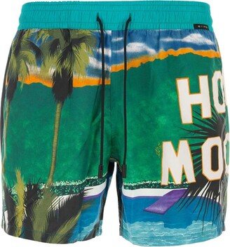 Landscape Printed Drawstring Swim Shorts-AA