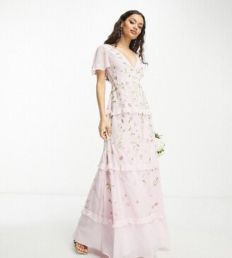 ASOS DESIGN Petite Bridesmaid flutter sleeve embellished wrap maxi dress with embroidery in light pink