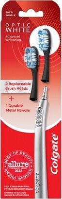 Optic White Toothbrush with Metal Handle and 2 Replaceable Brush Heads - Silver