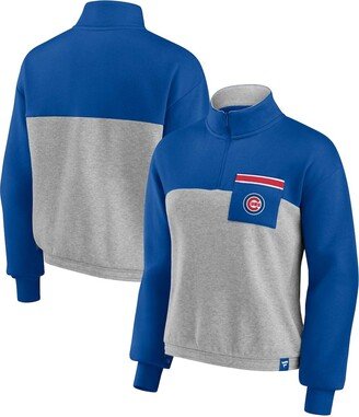 Women's Branded Royal, Heather Gray Chicago Cubs Iconic Cinch Waist Quarter-Zip Top - Royal, Heather Gray