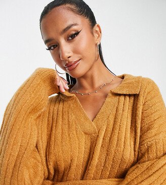 Brave Soul Petite zulu v-neck polo sweater in camel