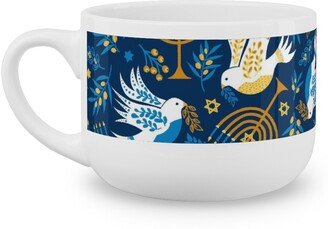 Mugs: Hanukkah Birds And Menorahs - Dark Blue Latte Mug, White, 25Oz, Blue