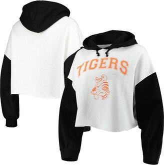 Women's Gameday Couture White, Black Distressed Clemson Tigers Good Time Color Block Cropped Hoodie - White, Black