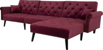 GREATPLANINC Velvet Convertible Sleeper Sofa Bed L-shape Reversible Sectional Couch Set for Living Room Sofa Set with Nailheads Arms