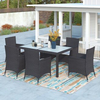 TiramisuBest 7-piece Outdoor Wicker Dining Set with 6 Armchairs&1 Glass Table-Black