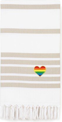 100% Turkish Cotton Herringbone Cheerful Rainbow Heart Pestemal Beach Towel - Beige & White