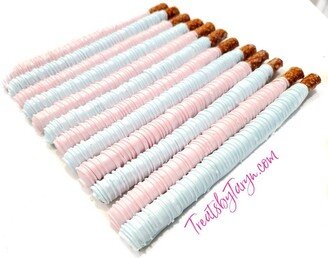 Chocolate Covered Pretzels. Baby Blue & White Pretzels. Gender Reveal Spritz Pretzel Rods. Pink Rods