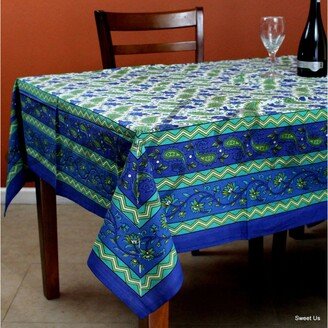 Handmade Cotton Floral Paisley Blue Green White Tablecloth for Rectangle Tables for Kitchen, Dining