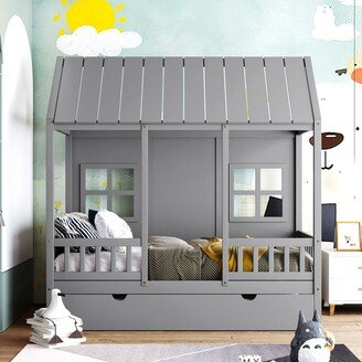 IGEMAN Cute House Styling Kid Twin Size Bed, Wooden Daybed, with Roof and Windows