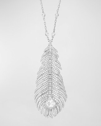 18K White Gold Plume de Paon Pendant Necklace with Diamond Pave on Chain