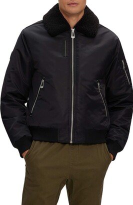 Brian Faux Shearling Collar Water Resistant Short Bomber Jacket