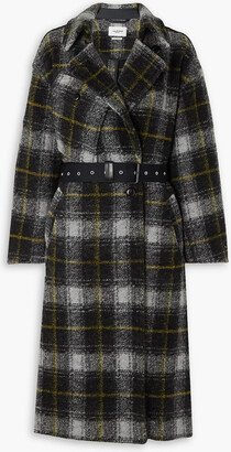 Belted double-breasted checked wool-blend coat