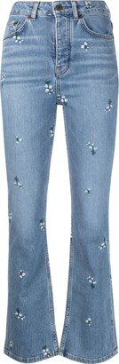 Floral-Embroidered Flared Jeans